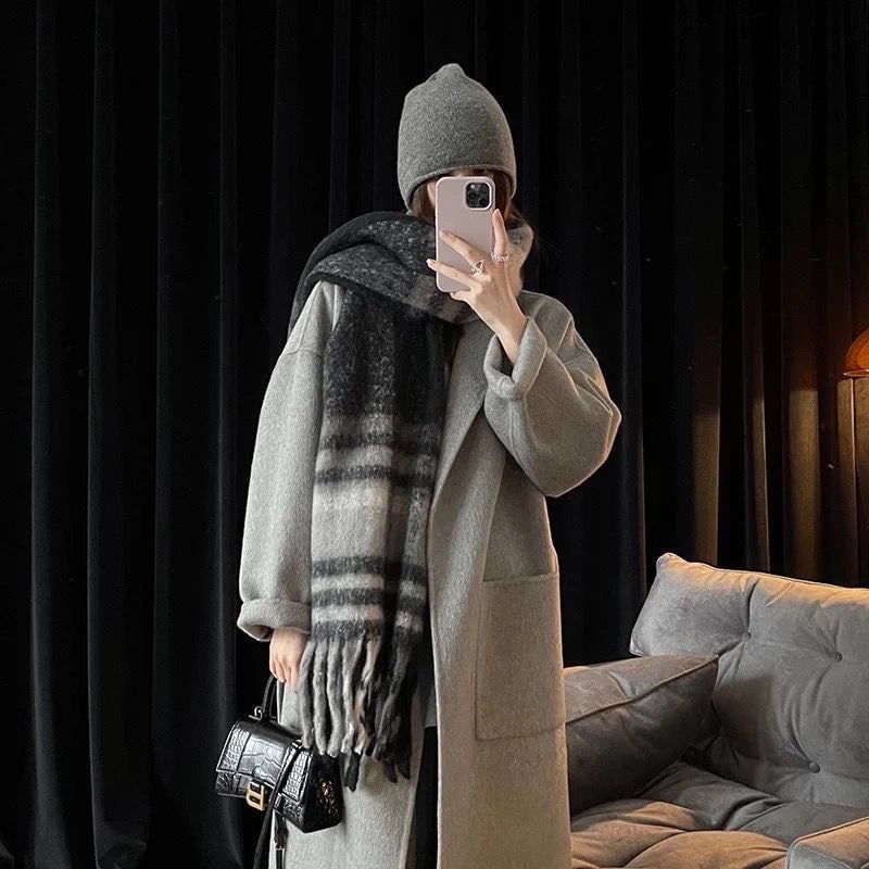 Mohair Plaid Scarf Women's Winter  Versatile Tassel Student Long Thickened Warm Scarf Large Shawl Fashion