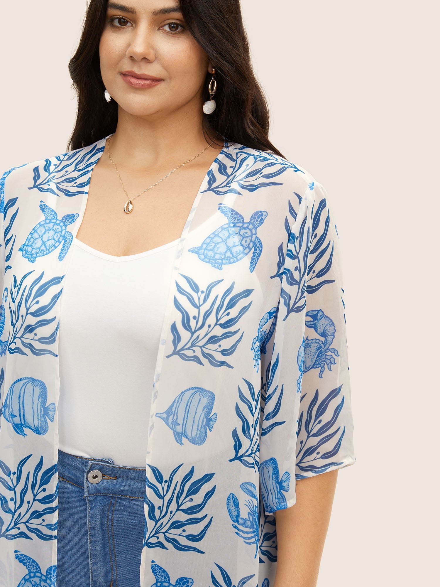 Marine Elements See Through Asymmetrical Hem Kimono