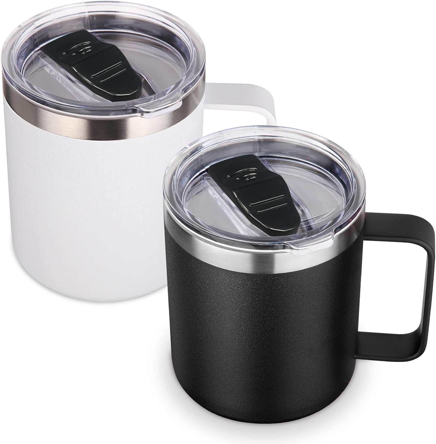 Volhoply 14oz Insulated Stainless Steel Coffee Mug with Leakproof Lid,Double Wall Vacuum Travel Coffee Cup with Handle,Reusable Metal Tumbler,Camping Mugs Keep Hot/Cold,Christmas Gifts(Black,1