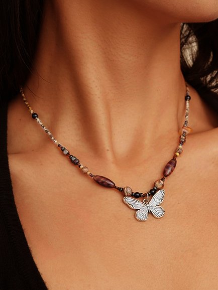 Casual Natural Stone Beaded Butterfly Pendant Necklace Vintage Women's Accessories