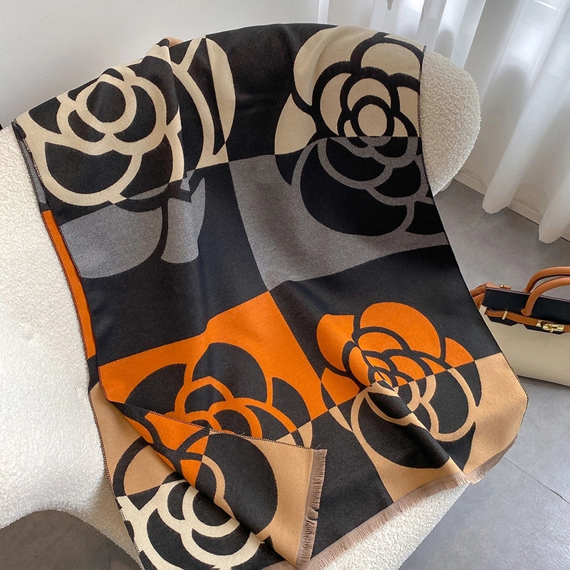 Color Matching Camellia Elegant Cashmere Scarf For Women Double-sided Thickened Autumn And Winter Warm Air Conditioning Shawl
