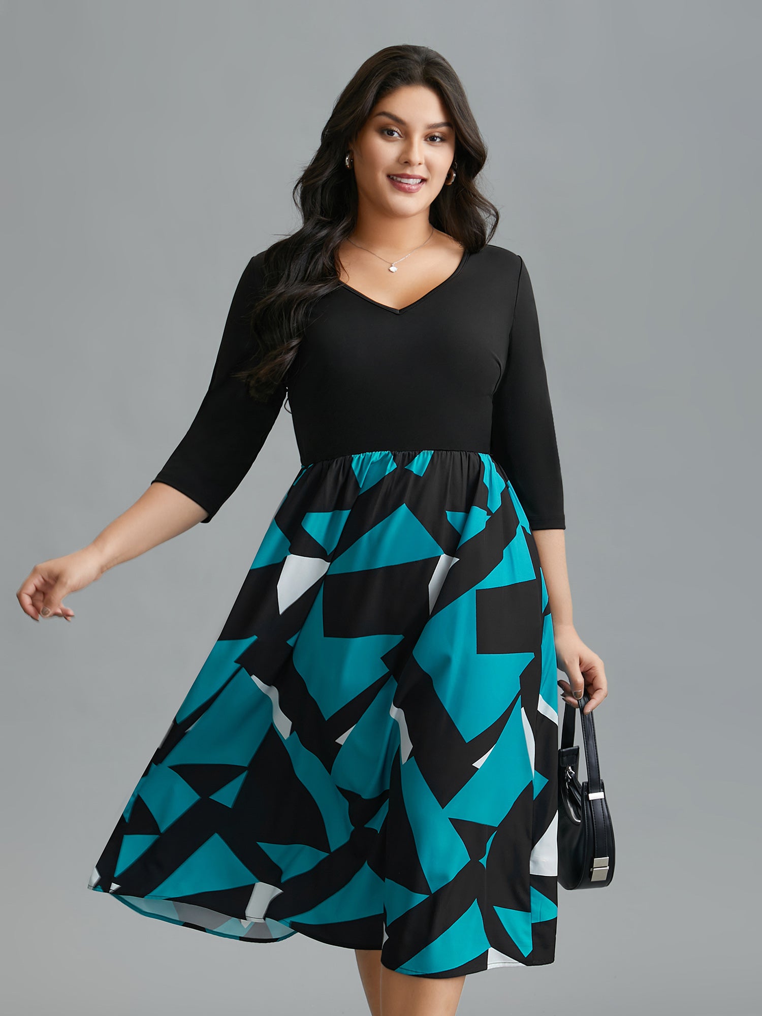 V-Neck Geometric Color Contrast Dress