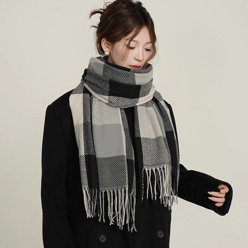 Women's Classic Style Plaid Imitation Cashmere Tassel Scarf