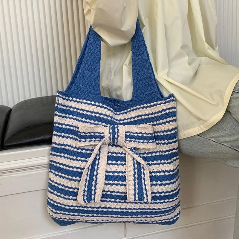 Women's Medium Polyester Stripe Bow Knot Vintage Style Weave Open Shoulder Bag
