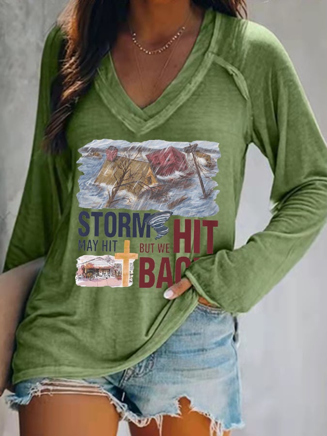 Women's Helene Hurricane Storms May Hit But We Hit Back Print V-Neck T-Shirt