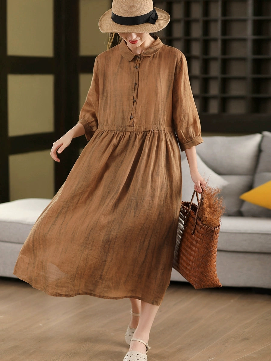 Women Summer Vintage Turn-down Collar 100%Ramie Dress