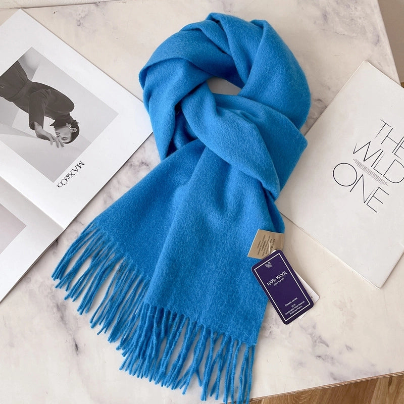 White Pure Wool Scarf Female Winter Student Warm Scarf New Versatile Tassel Narrow Scarf Couple