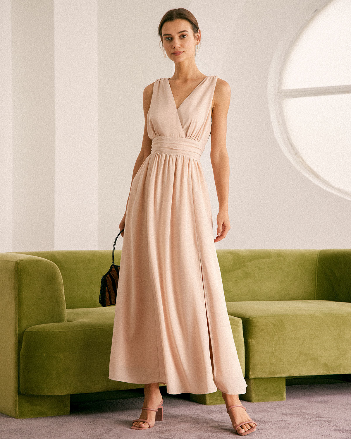 The Apricot V Neck Ruched Wrap Maxi Dress