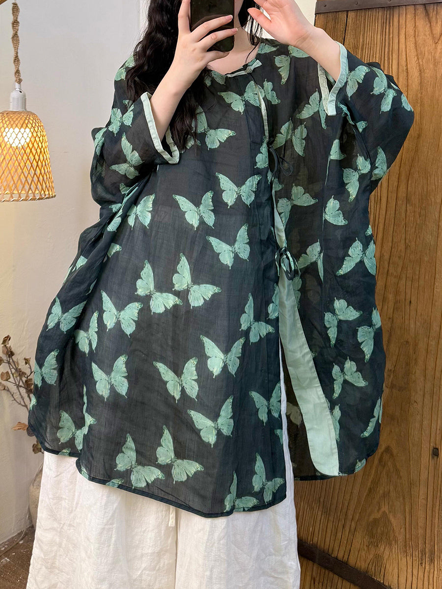 Women Summer Artsy Butterfly Flower Ramie O-Neck Shirt