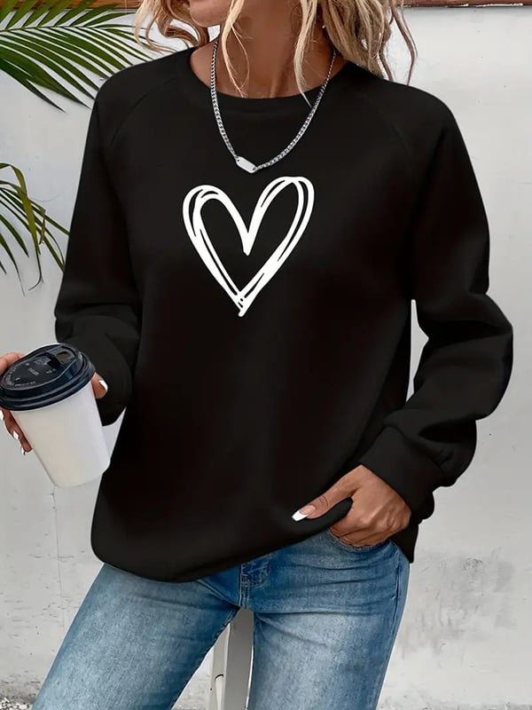 Long Sleeves Loose Heart Print Split-Joint Round-Neck Sweatshirt Tops