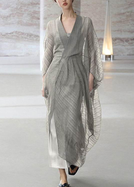 Beautiful Grey V Neck Patchwork Cotton Dress Two Piece Set Summer