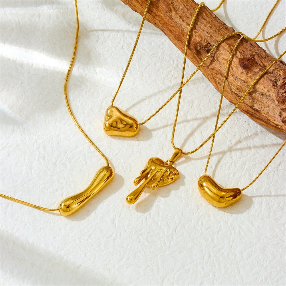Fashion Retro Gold-Plated Irregular Lava Love Geometric Pendant Snake Bone Chain Stainless Steel Necklace