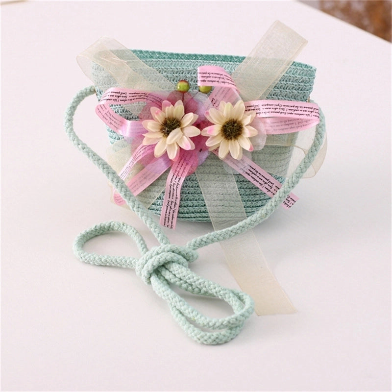 Girl's Straw Flower Strawberry Bow Knot Cute Bucket Zipper Crossbody Bag