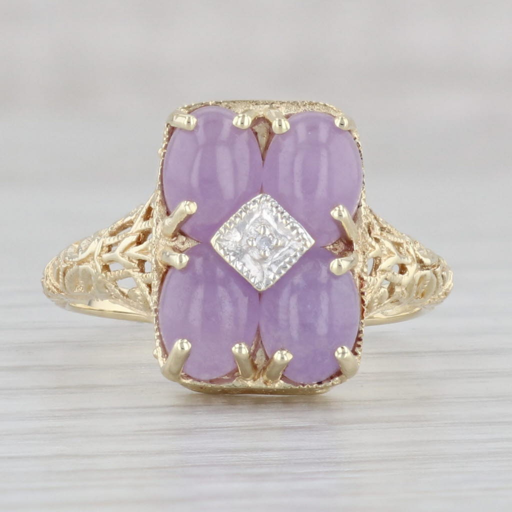 Lavender Jadeite Jade Diamond Filigree Ring 14k Yellow Gold Size 8