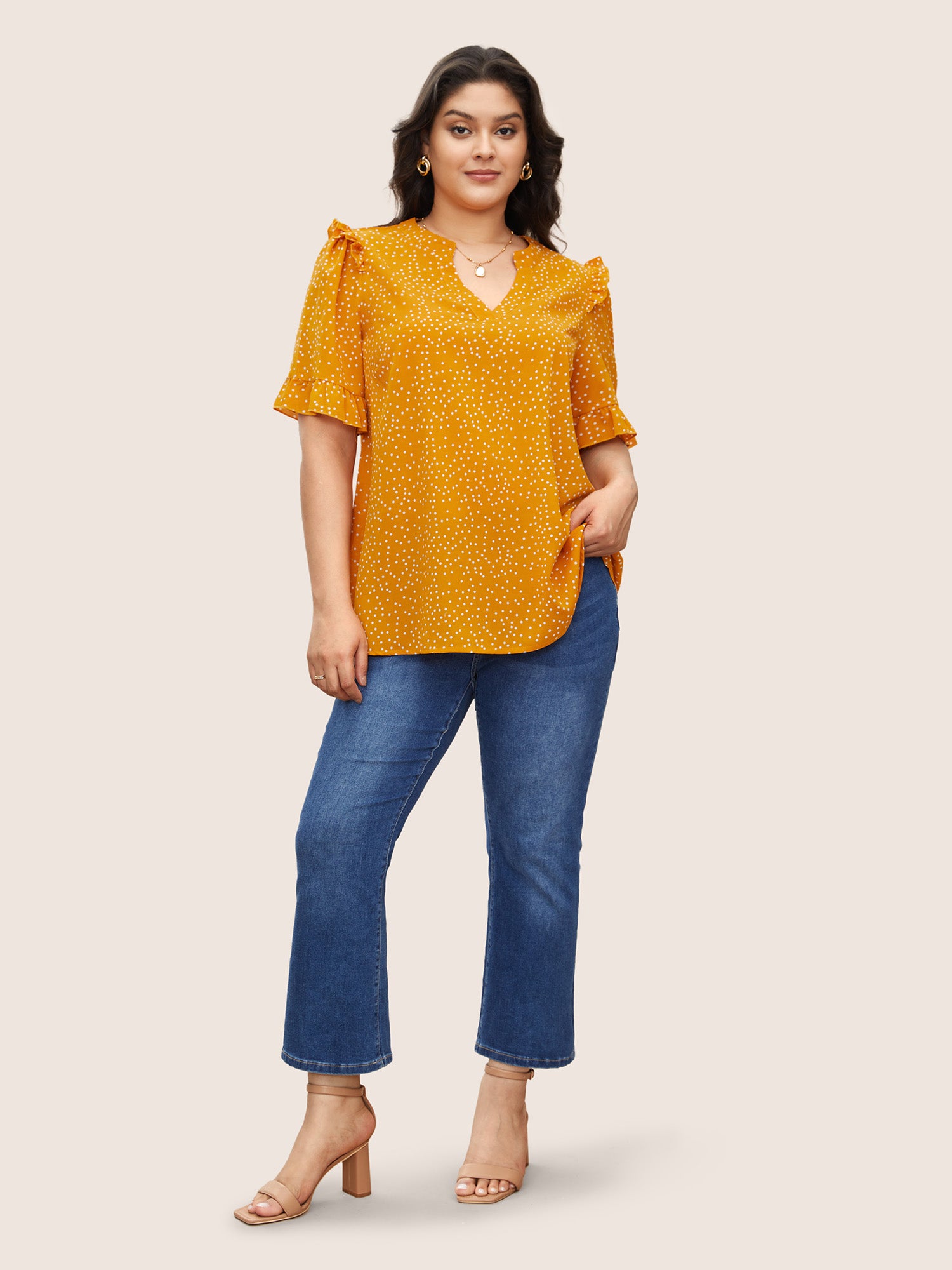 Polka Dot V Neck Ruffle Trim Blouse
