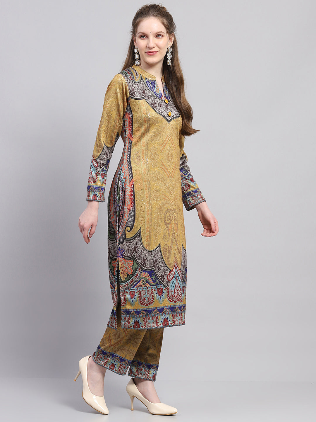 Women Yellow Printed Round Neck Full Sleeve Kurti Set for Winter