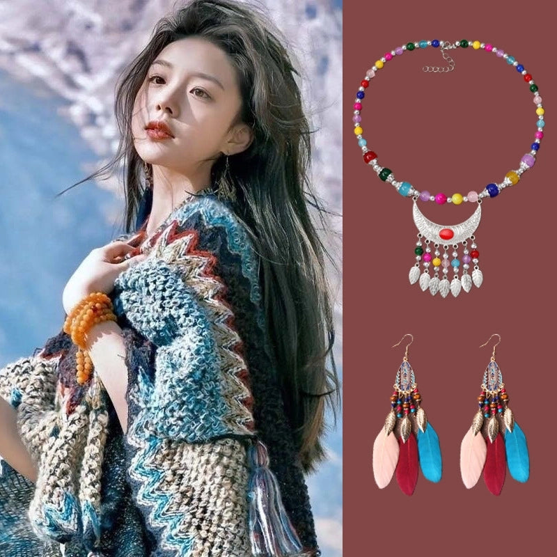 Travel Outside Knitted Shawl Ethnic Style Vintage Cape Cloak Tassel Scarf For Vacation Wear