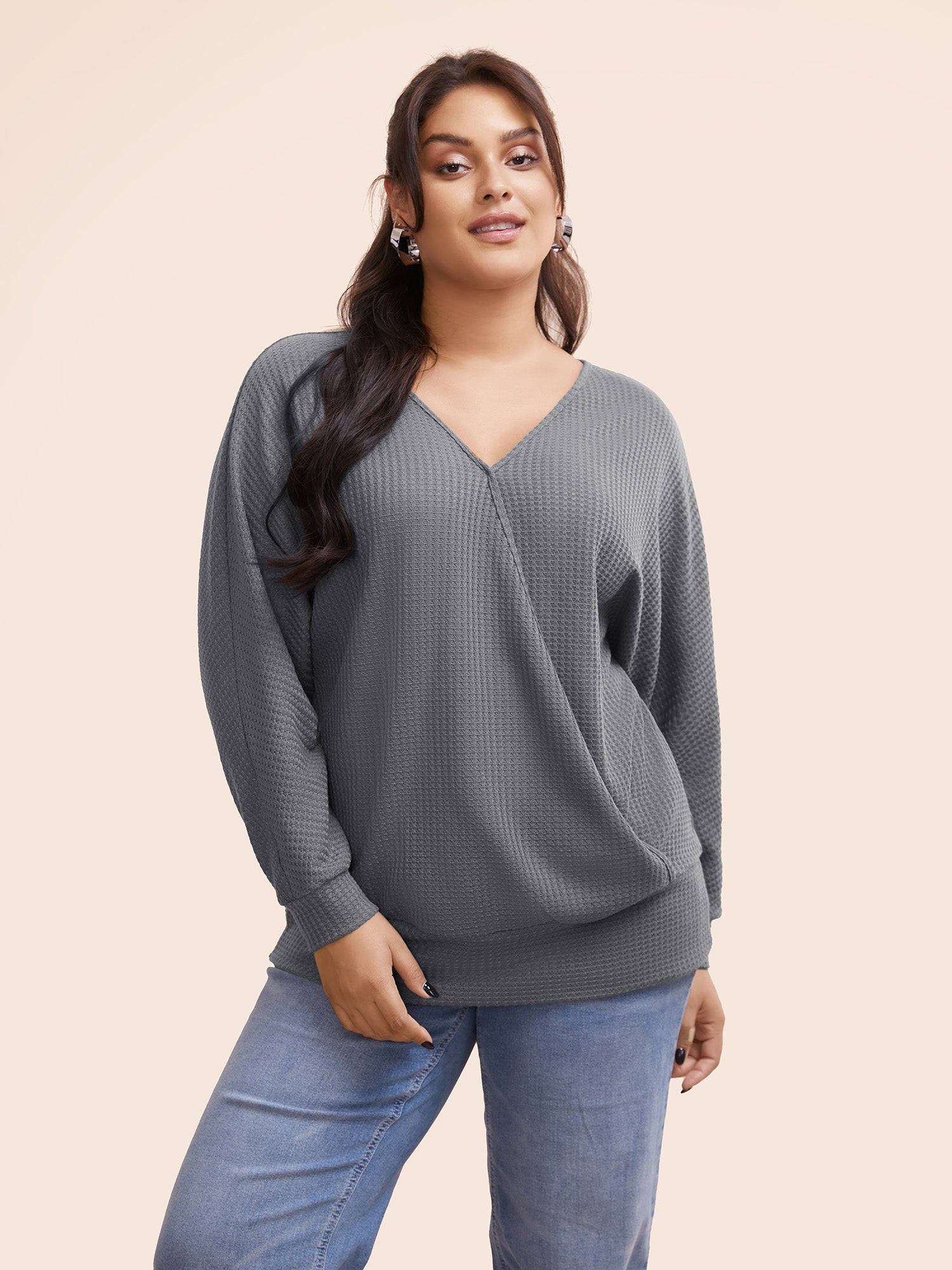 Solid Waffle Knit Wrap Long Sleeve T-shirt