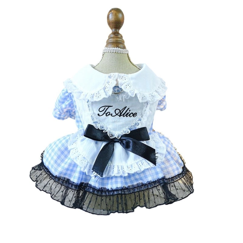 Pet Ring Dog Clothes Spring And Summer New Medium And Small Dog Blue And White Plaid Doll Collar Dress Fairy Tale Princess Dress