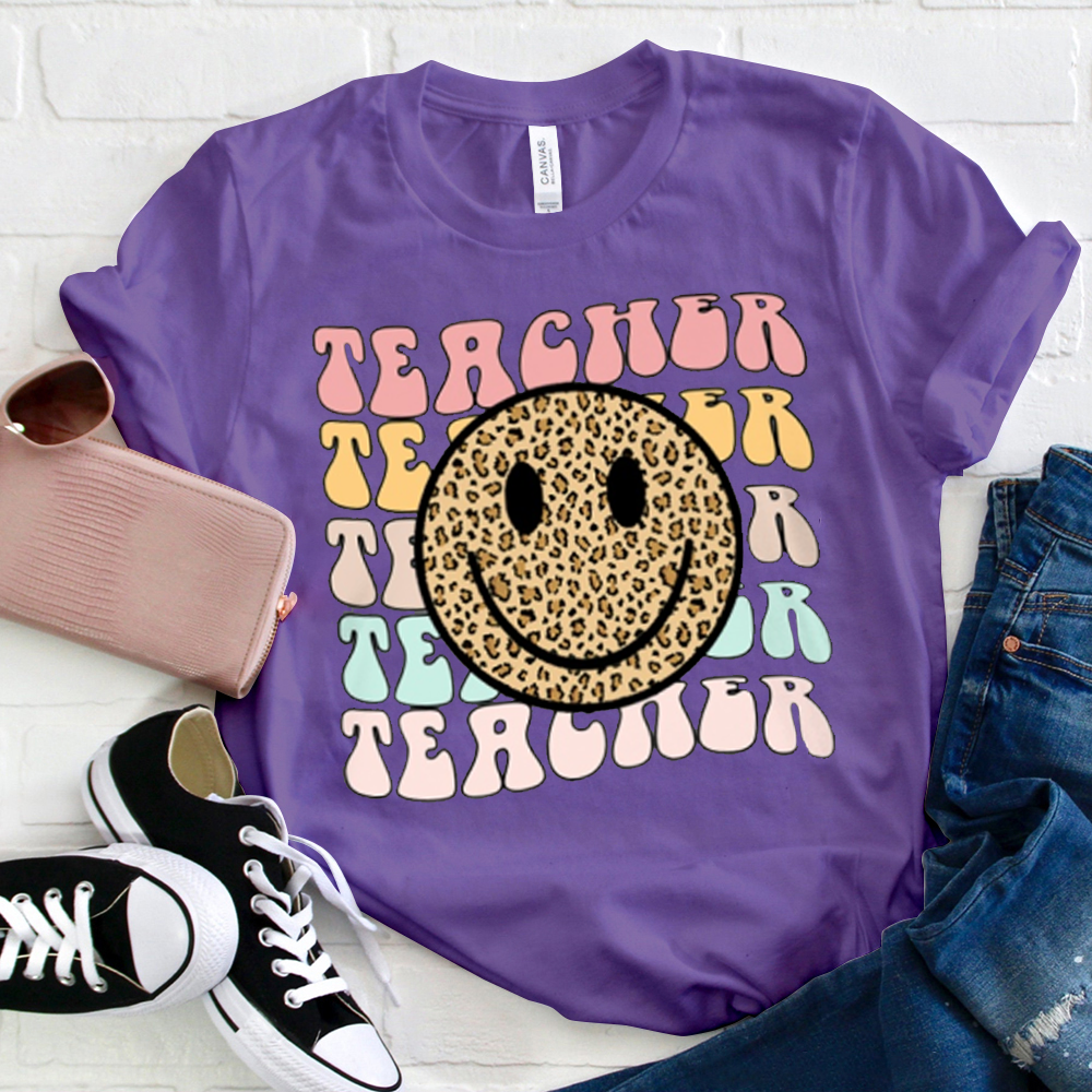 Leopard Print Smile Teacher Letters T-Shirt