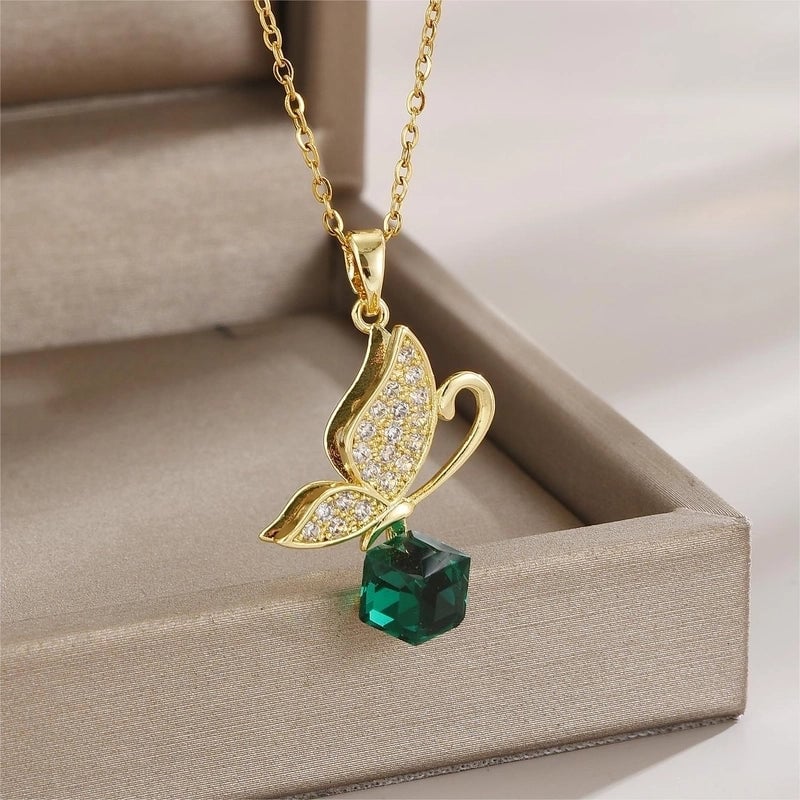 Elegant Minimalist Leaf Flower Bow Knot Titanium Steel Zircon Plating Pendant Necklace