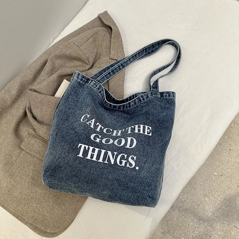 Women's Denim Letter Vintage Style Sewing Thread Square Magnetic Buckle Tote Bag