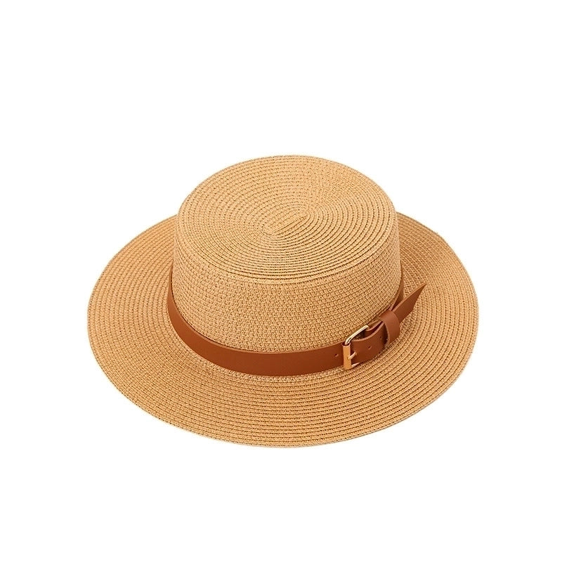 Women's Pastoral Solid Color Belt Buckle Wide Eaves Straw Hat
