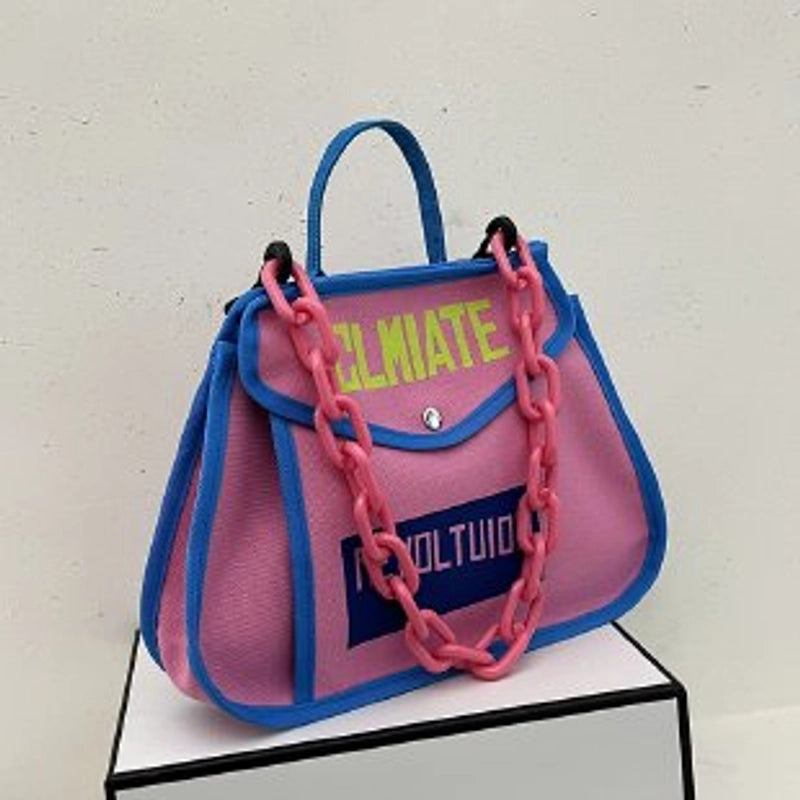 Women's Canvas Color Block Fashion Magnetic Buckle Shoulder Bag Crossbody Bag