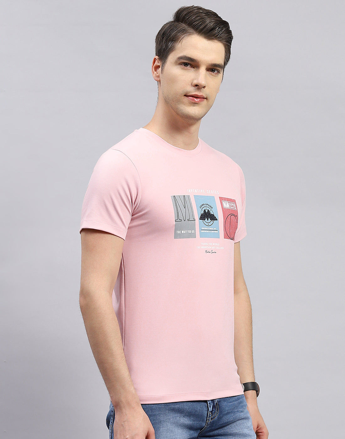 Men Pink Printed Round Neck Half Sleeve T-Shirt