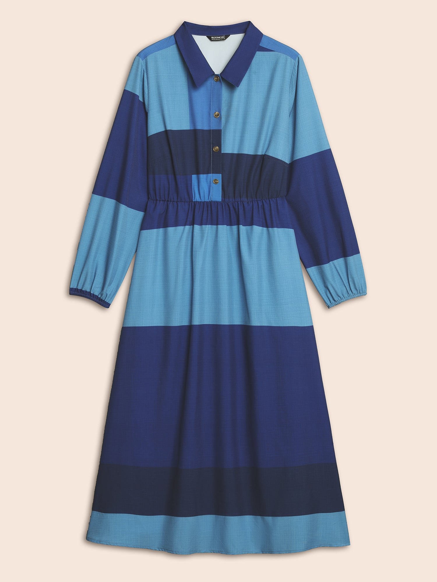 Shirt Collar Colorblock Contrast Midi Dress