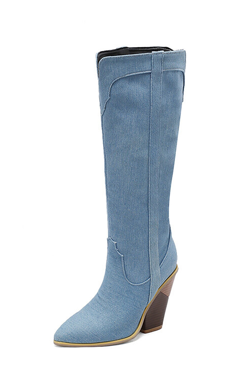 Stitching V Groove Pointy Toe Western Knee High Chunky Boots