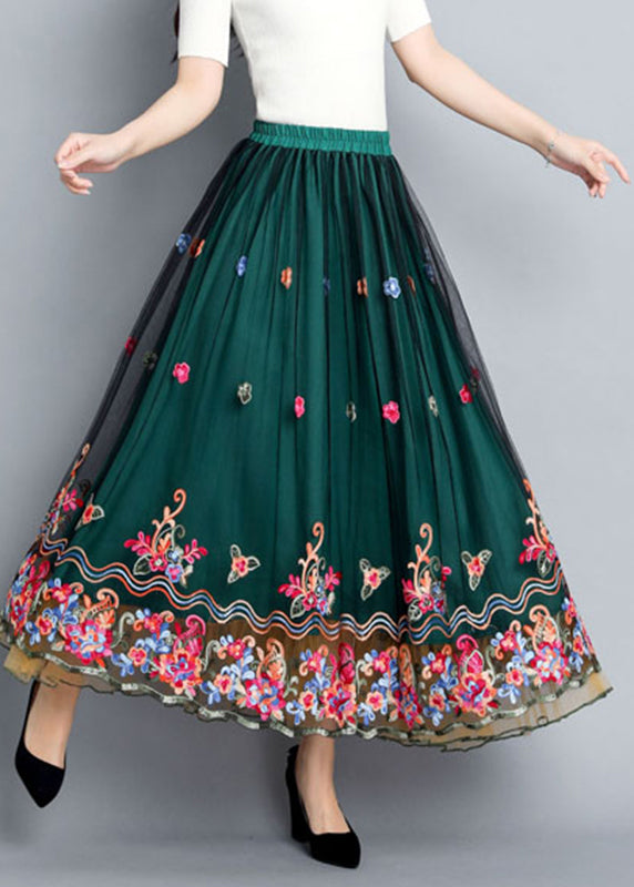 Green Embroidered Floral Elastic Waist Tulle Skirts Summer