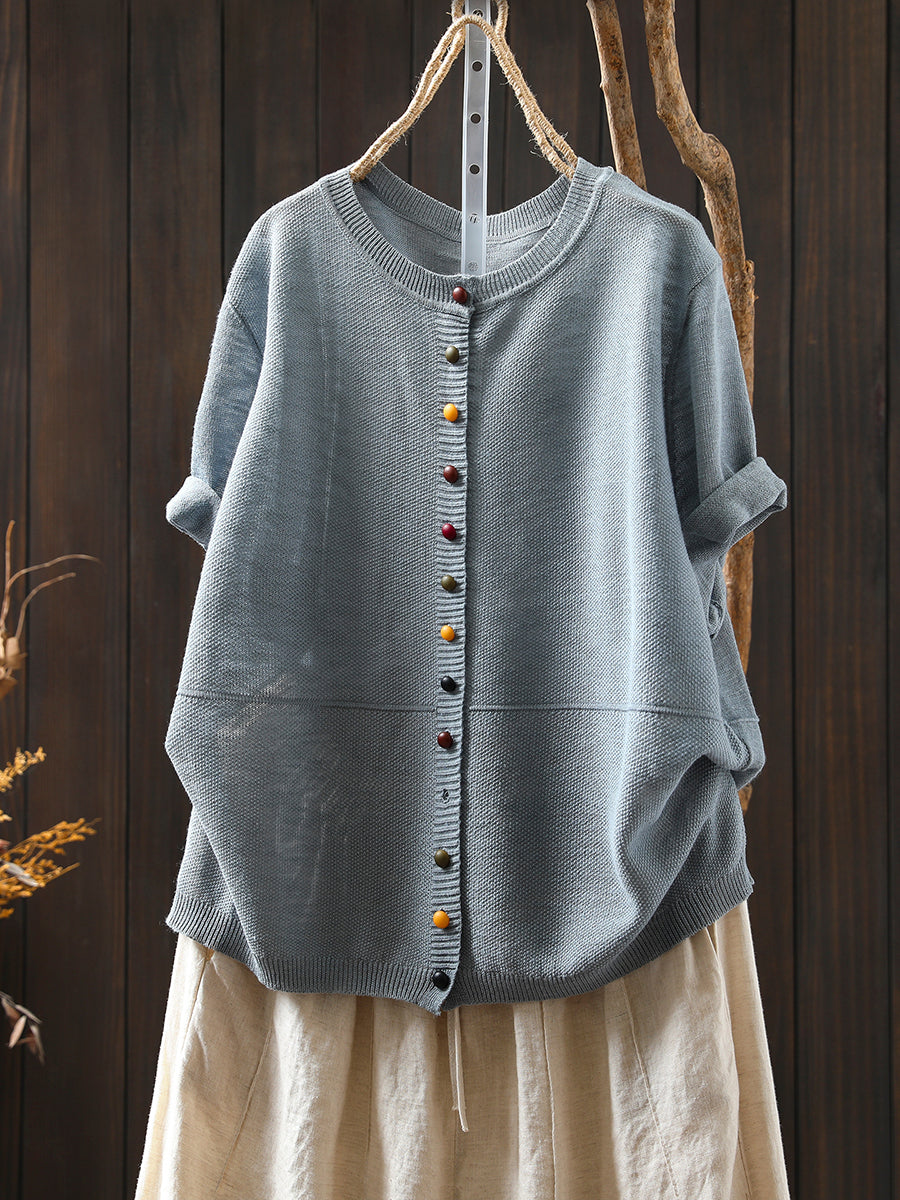 Women Summer Casual Colorful Button Knitted O-Neck Shirt