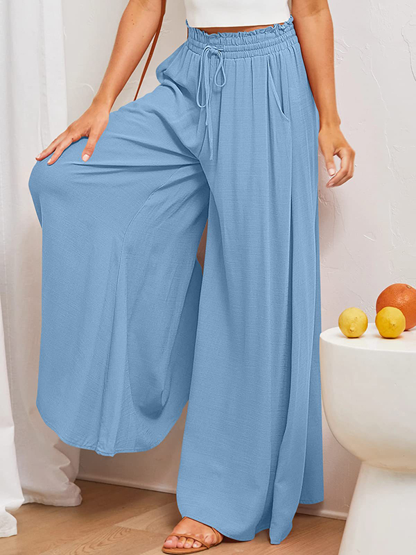 High Waisted Loose Drawstring Elasticity Pleated Pockets Solid Color Pants Trousers