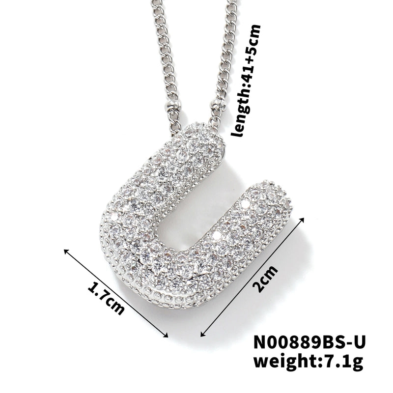 304 Stainless Steel Copper Rhodium Plated Three-dimensional Inlay Letter Zircon Pendant Necklace