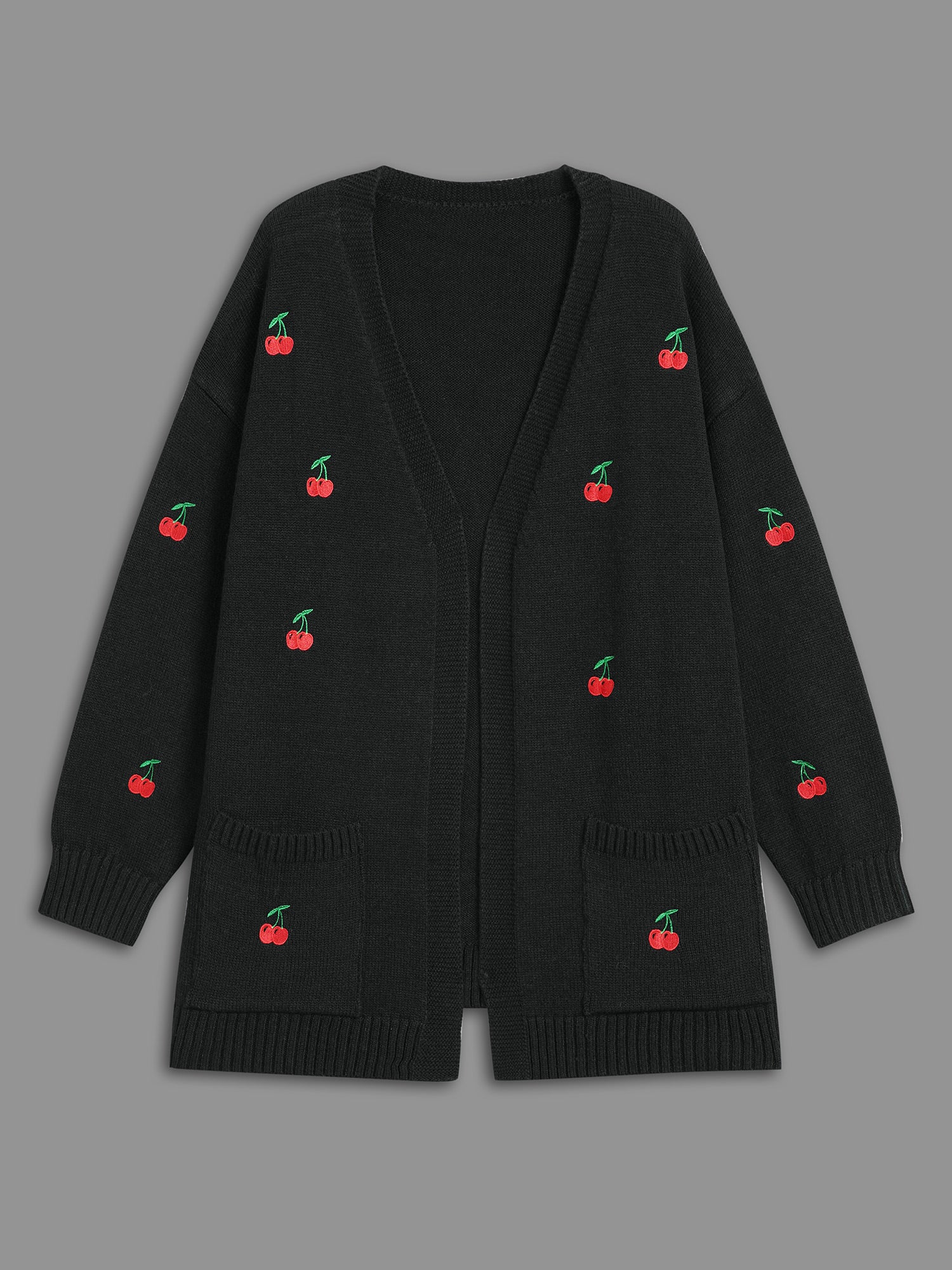 Textured Cherry Embroidery Pocket Pullover