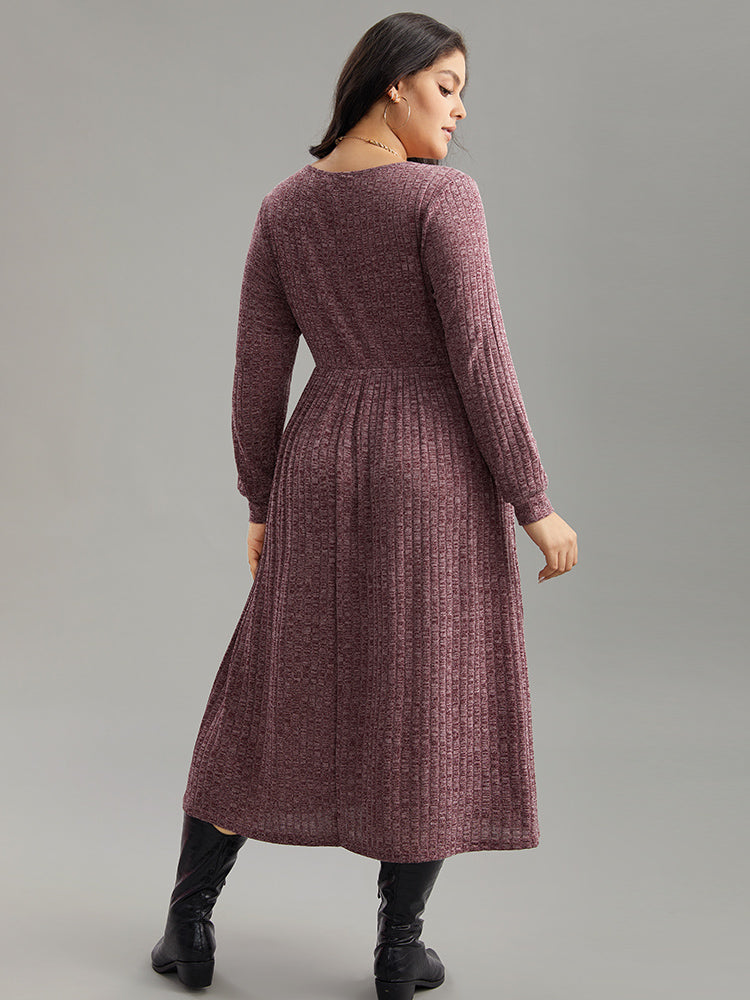 Rib Knit Plain Plisse Long Sleeve Dress