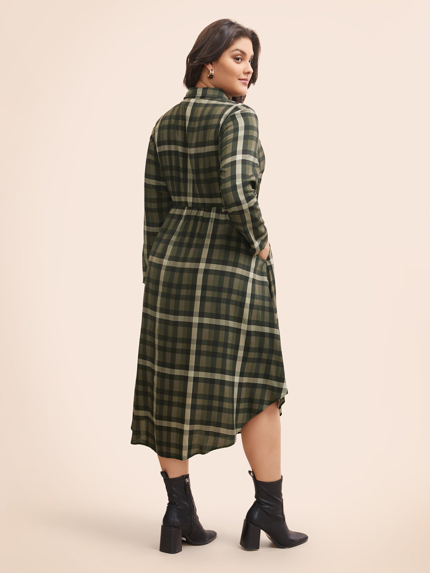 Plaid Shirt Collar Curved Hem Dress
