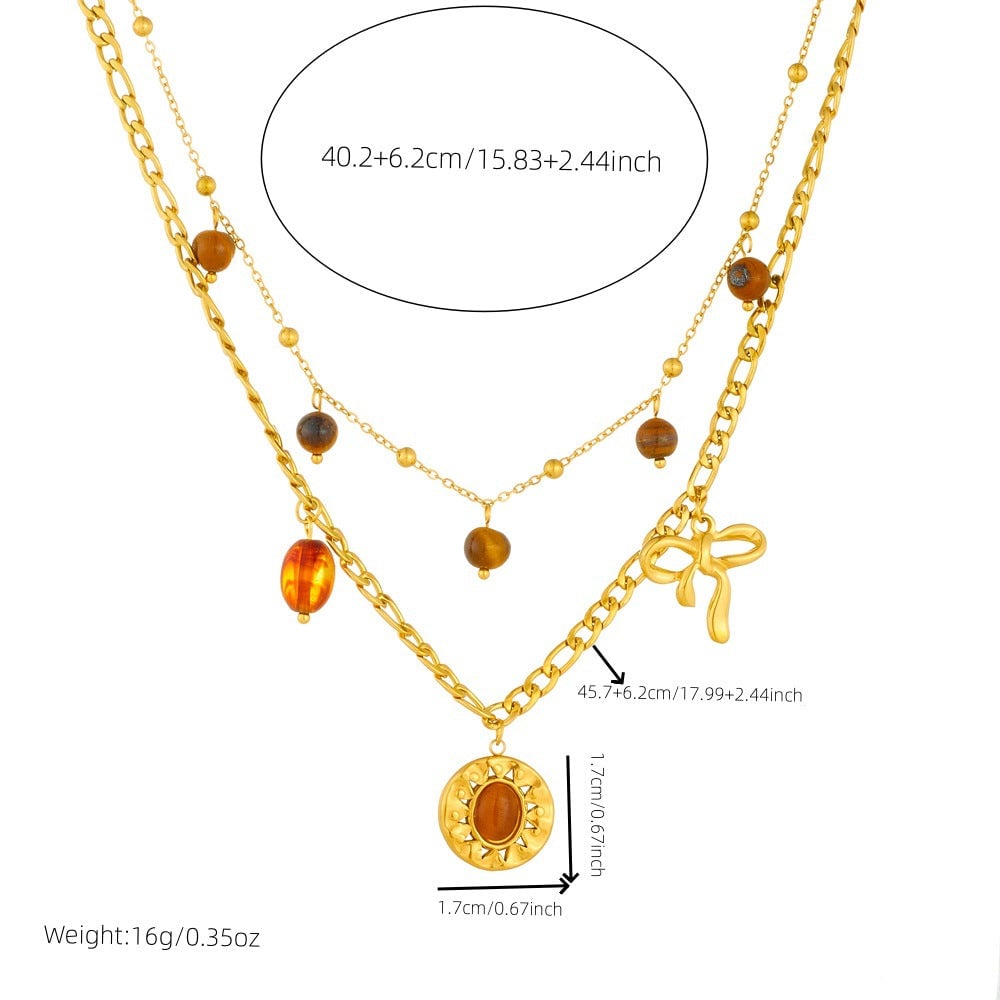 Retro Round Tiger Eye Stone Sun Pendant Necklace Bow Accessories Stainless Steel Double Layer Clavicle Chain