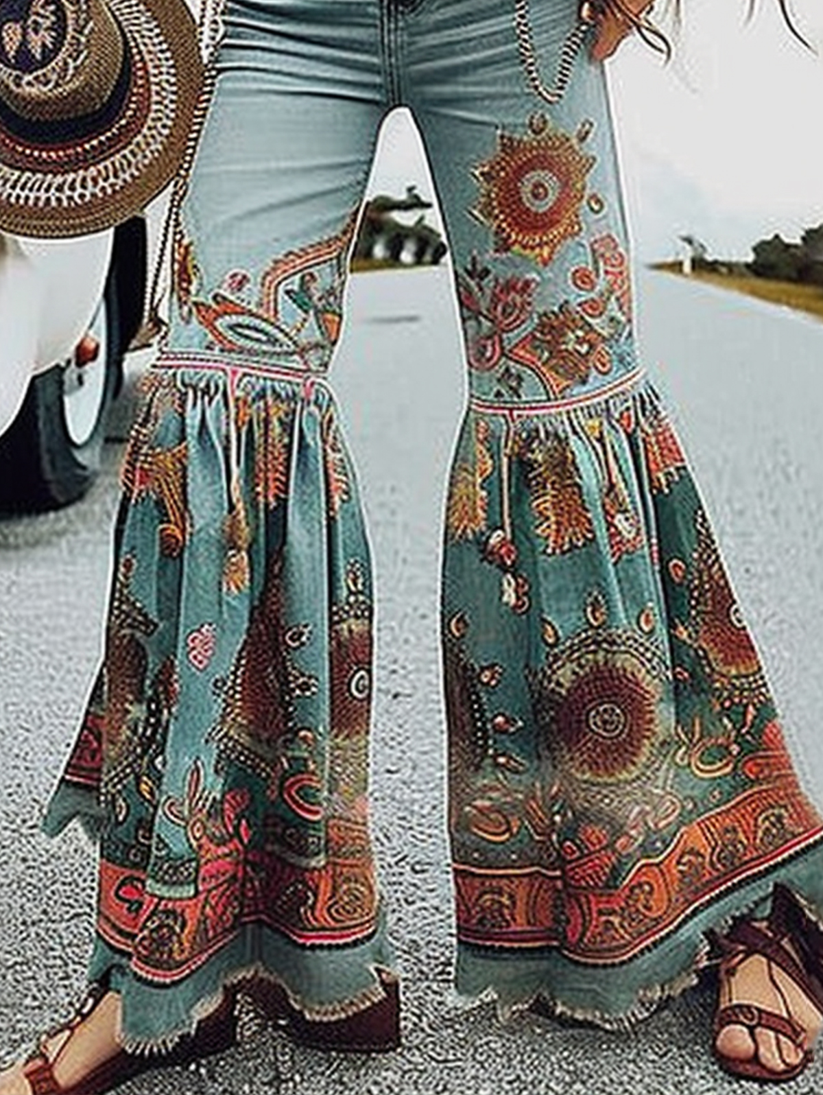 Ursime High Waist Boho Print Bell Bottom Pants