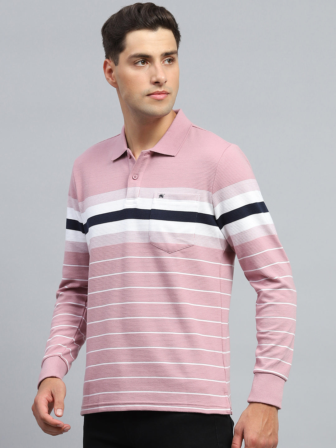 Men Pink Stripe Collar Full Sleeve Winter T-Shirt