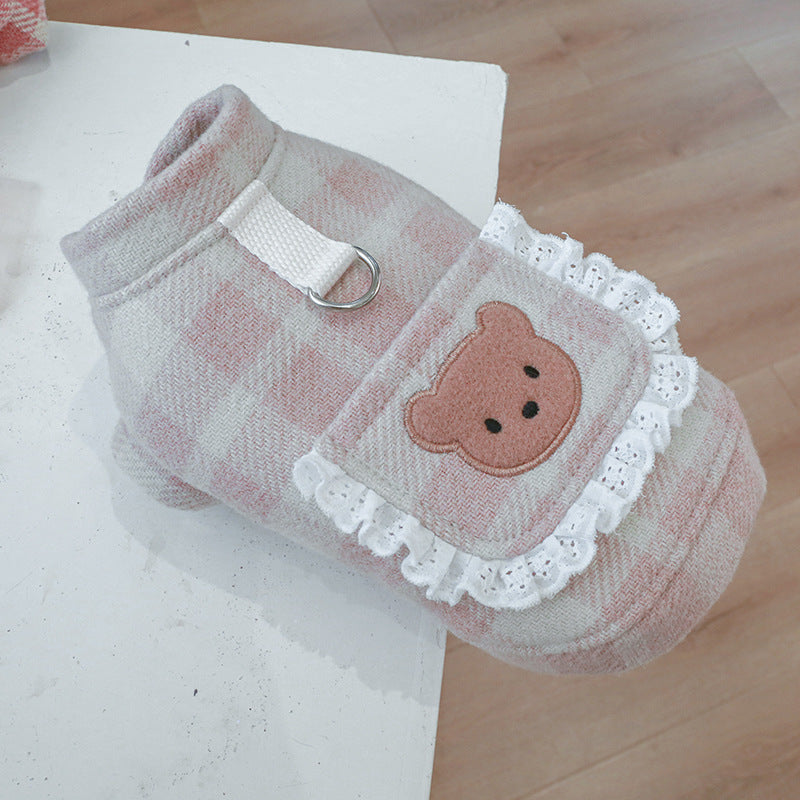 Pink Bear Printed Plaid Dog Dress/Hoodie