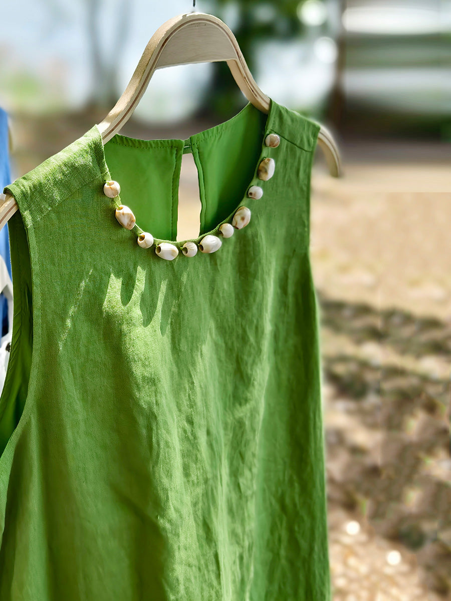 Women Summer 100%Linen O-Neck Sleeveless Dress