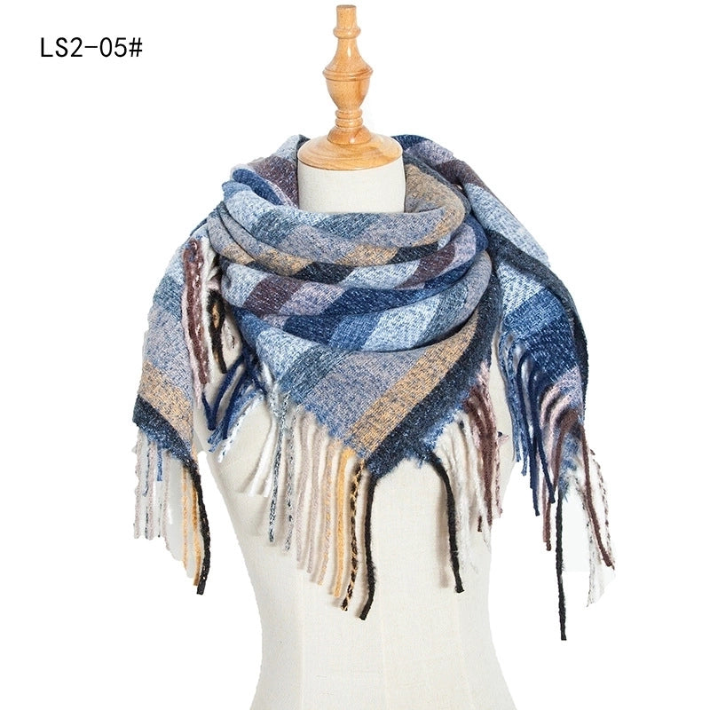 New Circle Yarn Stripe Plaid Polyester Long Tassel Bristle Square Scarf Female Men's Scarf Shawl