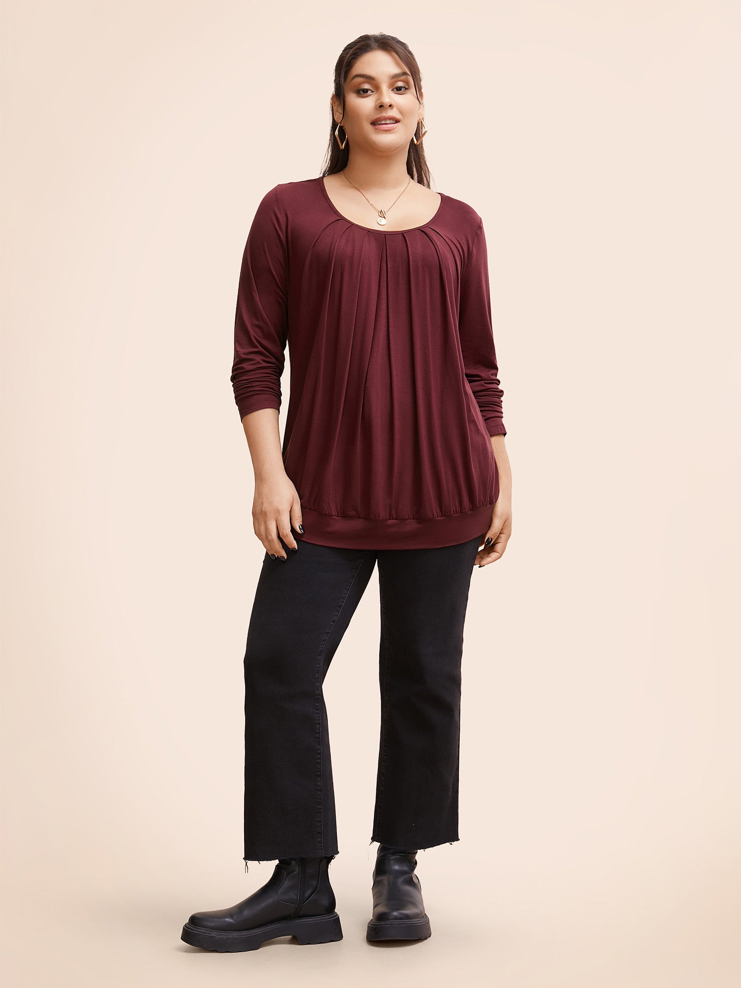 Plain Pleated Round Neck T-shirt