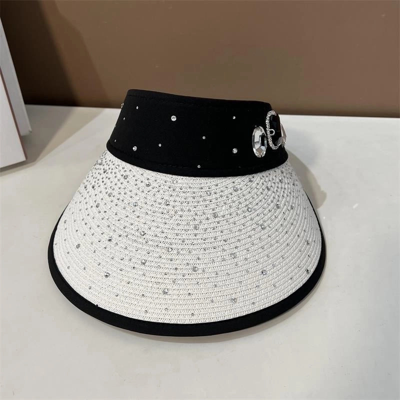 Women's Basic Solid Color Rhinestone Wide Eaves Sun Hat