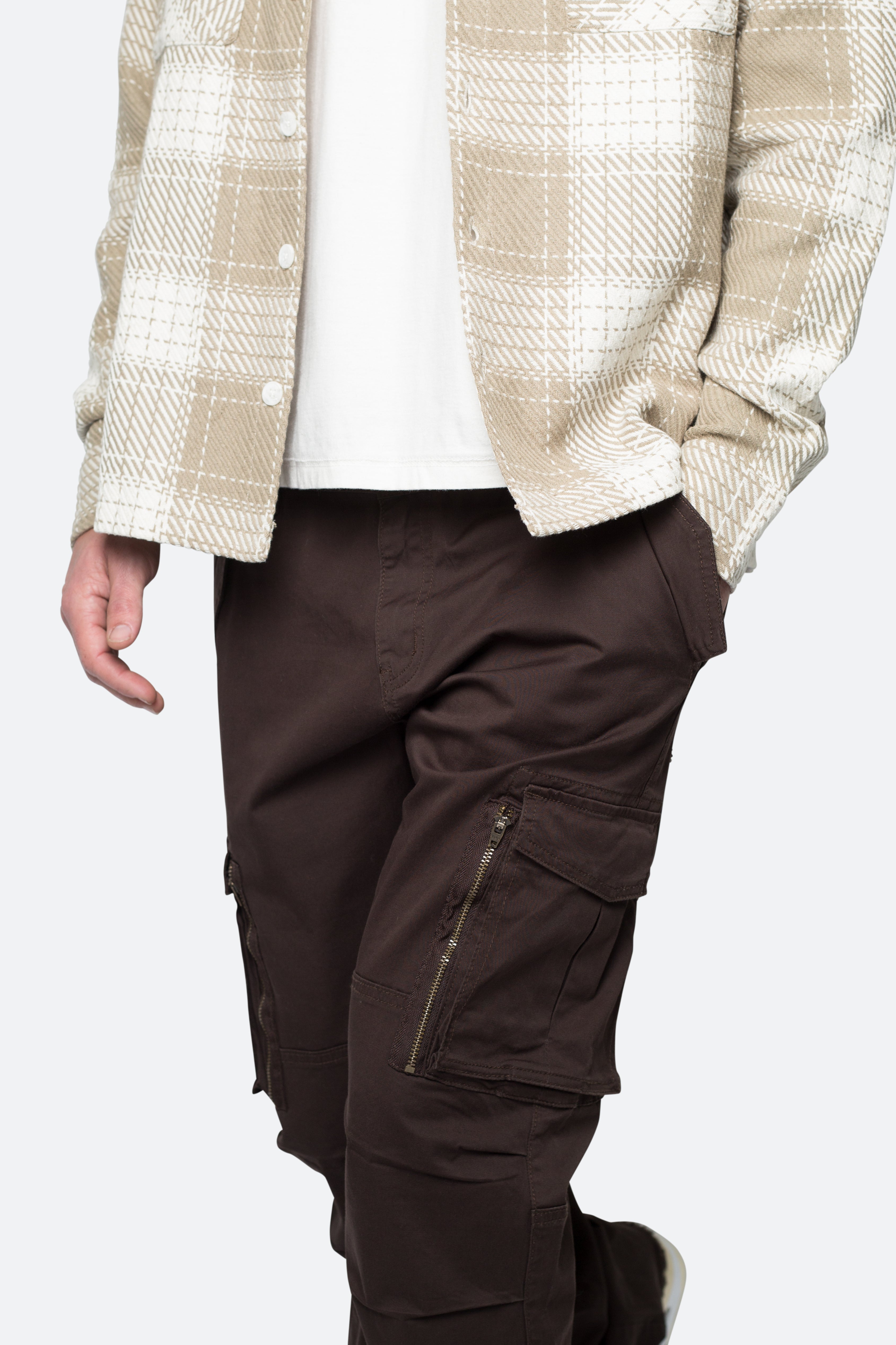 Paneled Zipper Cargo Pants - Brown