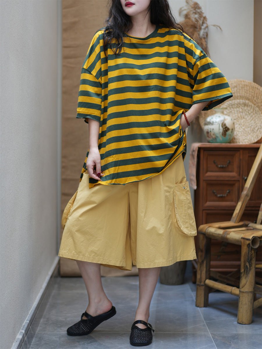 Women Summer Casual Stripe Cotton O-Neck Shirt