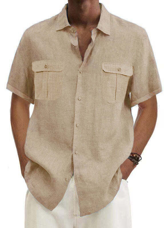 7-Pack Men's Shirts Double Pocket Cotton Linen Short Sleeve Shirts Casual Vacation Shirts