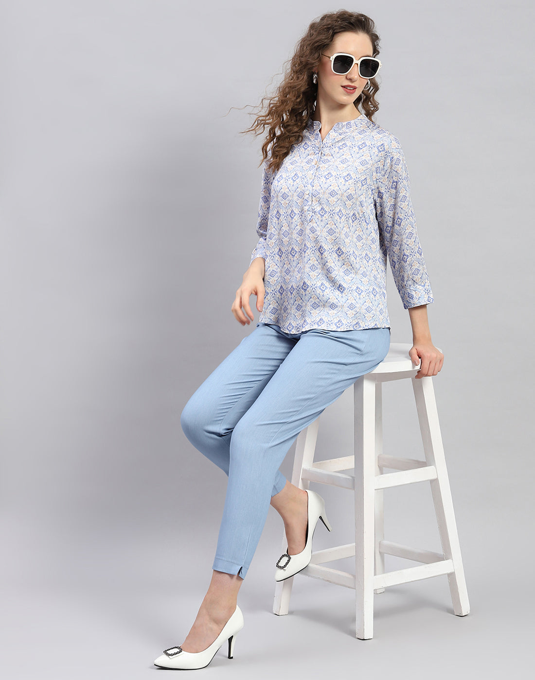 Women Sky Blue Printed  Mandarin Neck 3/4 Sleeve Top